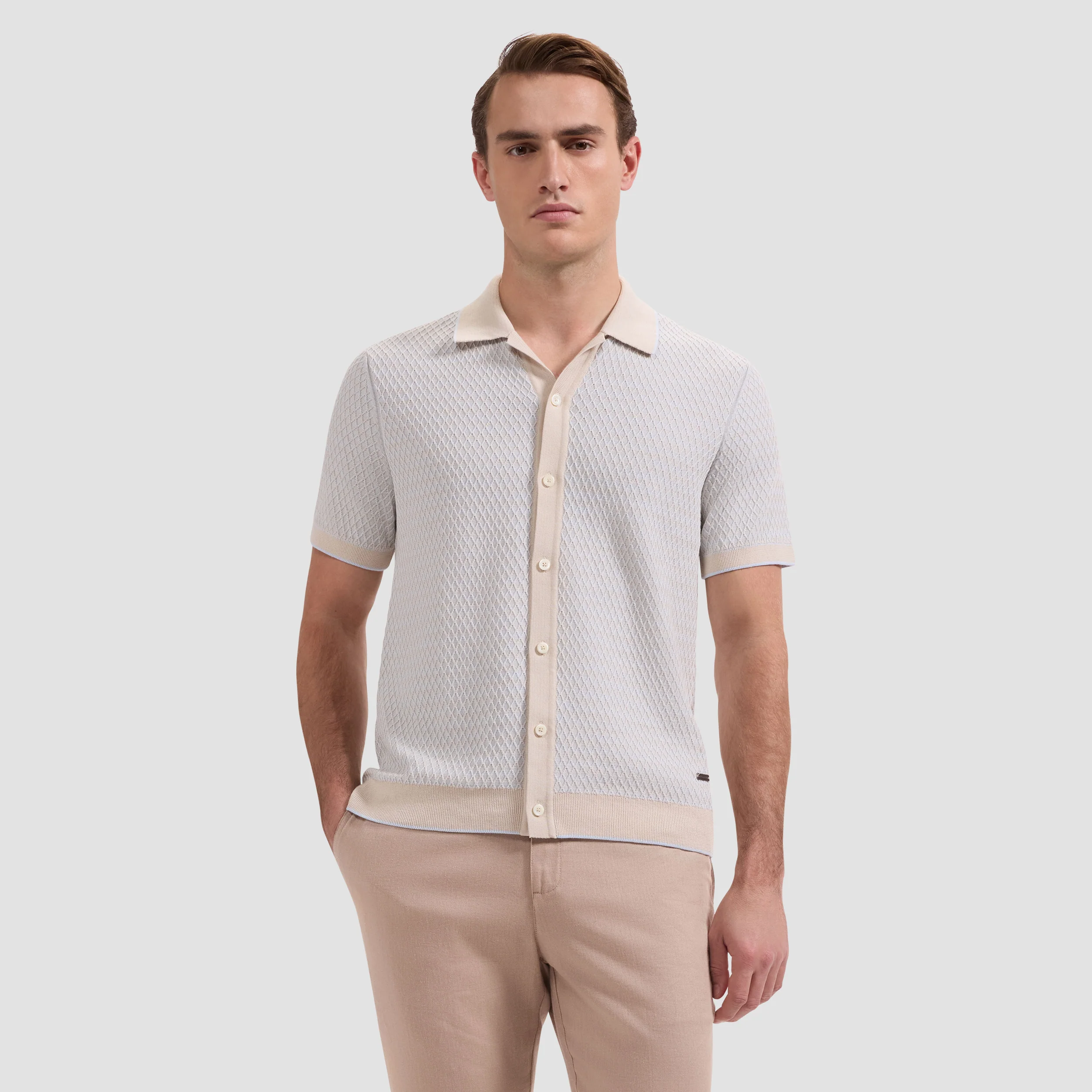 Bugatchi Two-Tone Honeycomb Button-Front Short-Sleeve Sweater